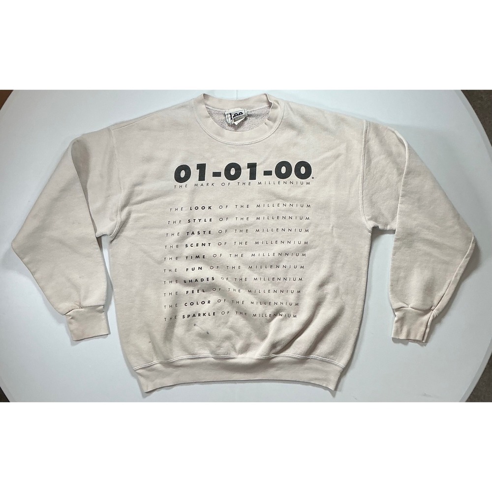 VTG Y2K Made in USA January 1 2000 Millennium Sweatshirt Mens L Beige Grunge